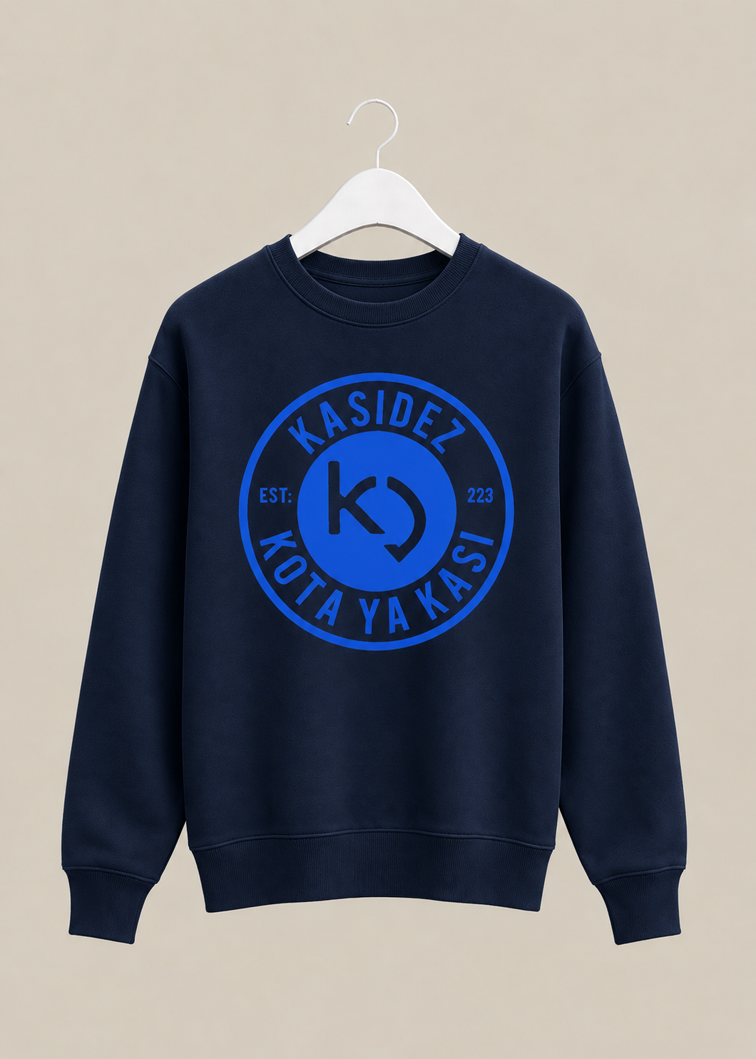 Navy KasiDez badge sweater on a hanger