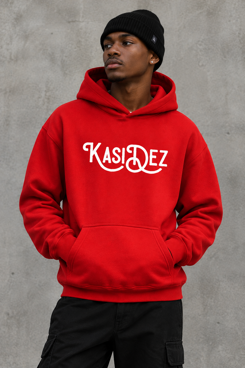 Red KasiDez hoodie worn by a model